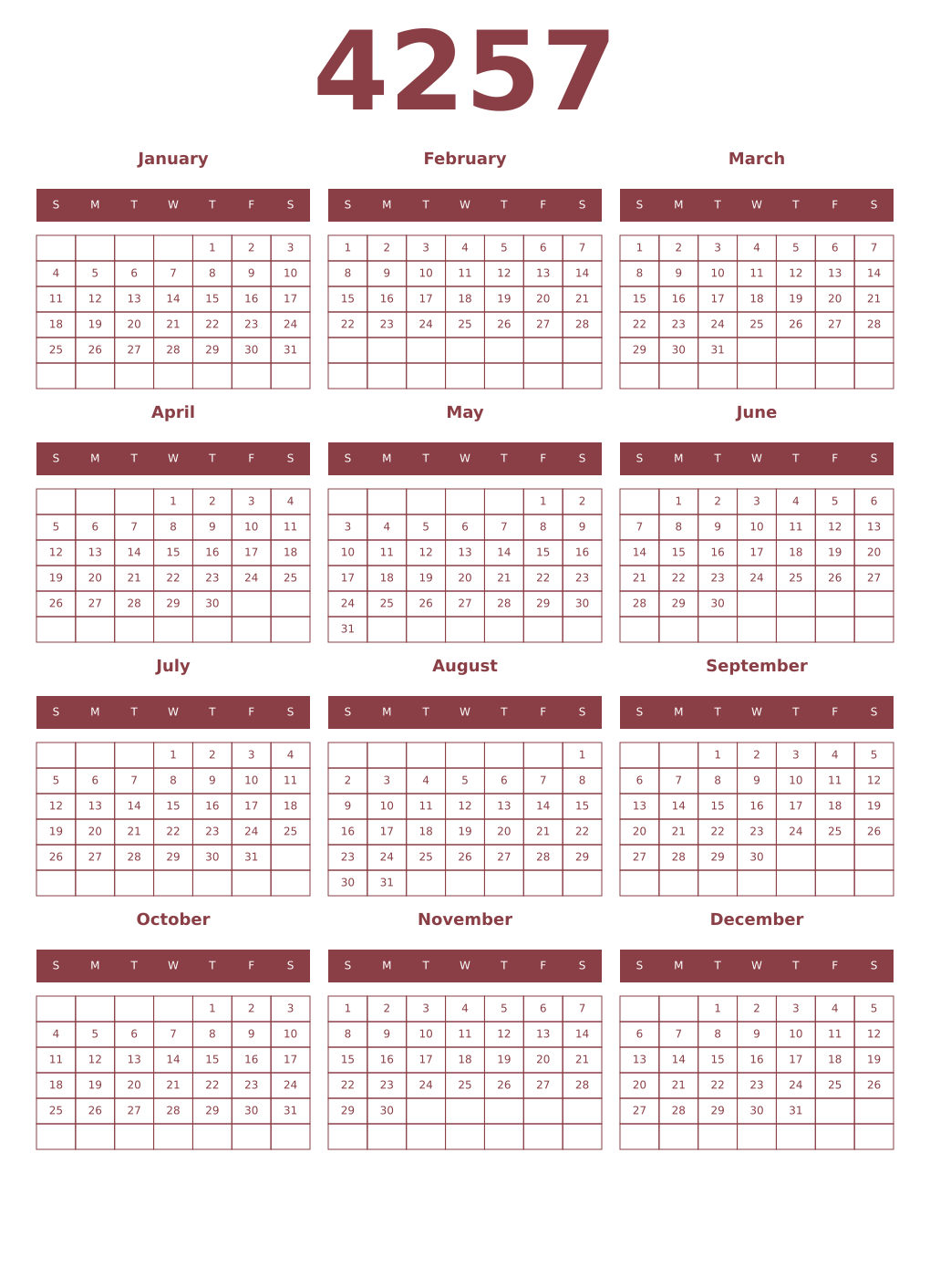 Printable 4257 Year Calendars cordovan