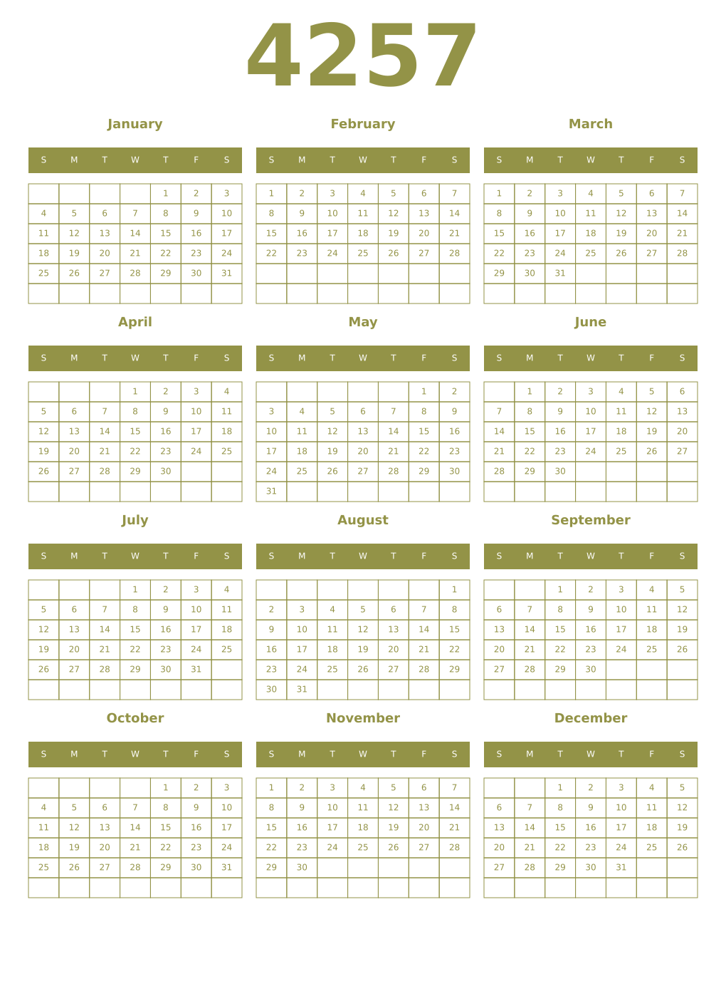 Printable 4257 Year Calendars eburnean