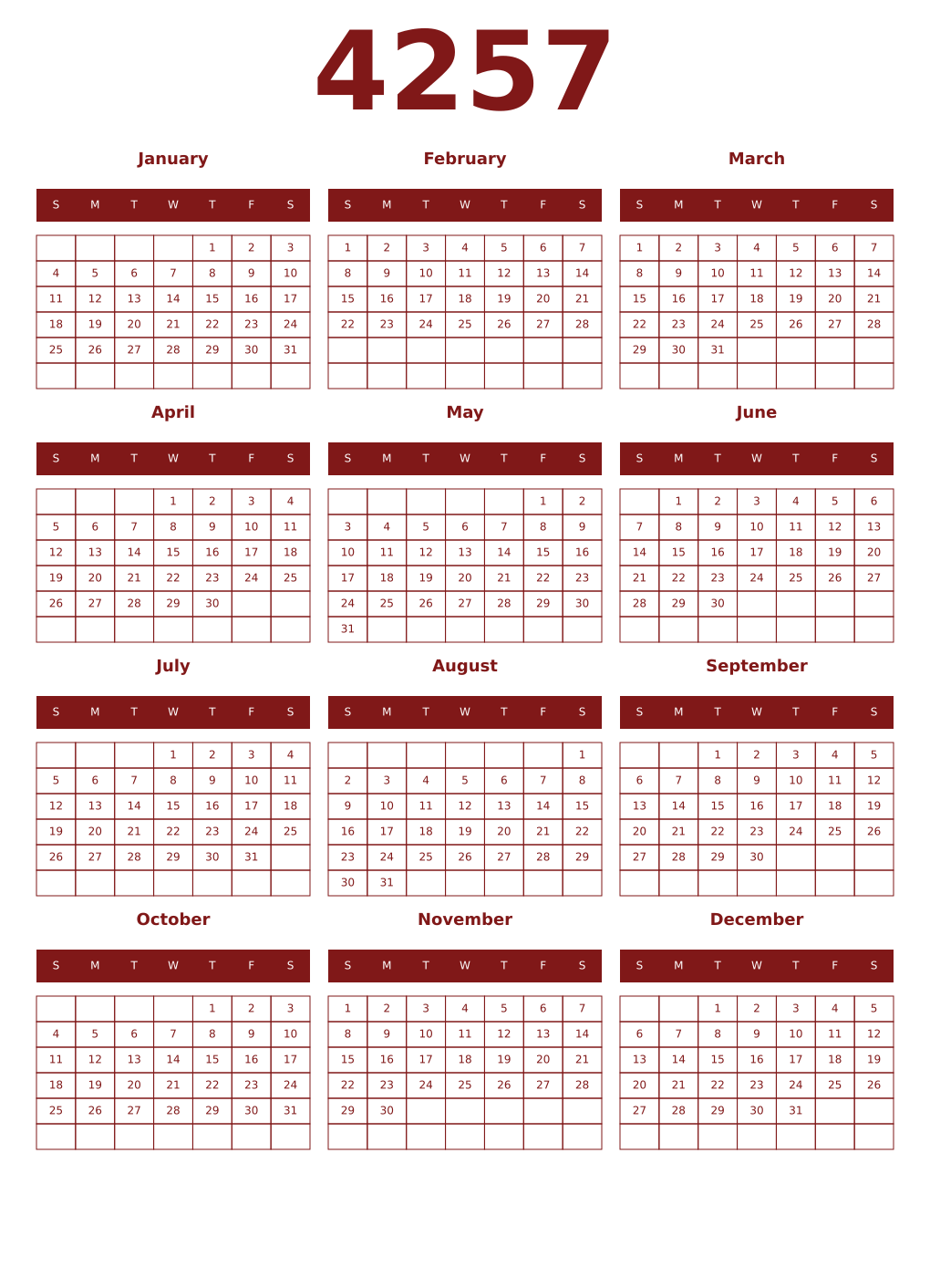 Printable 4257 Year Calendars falu