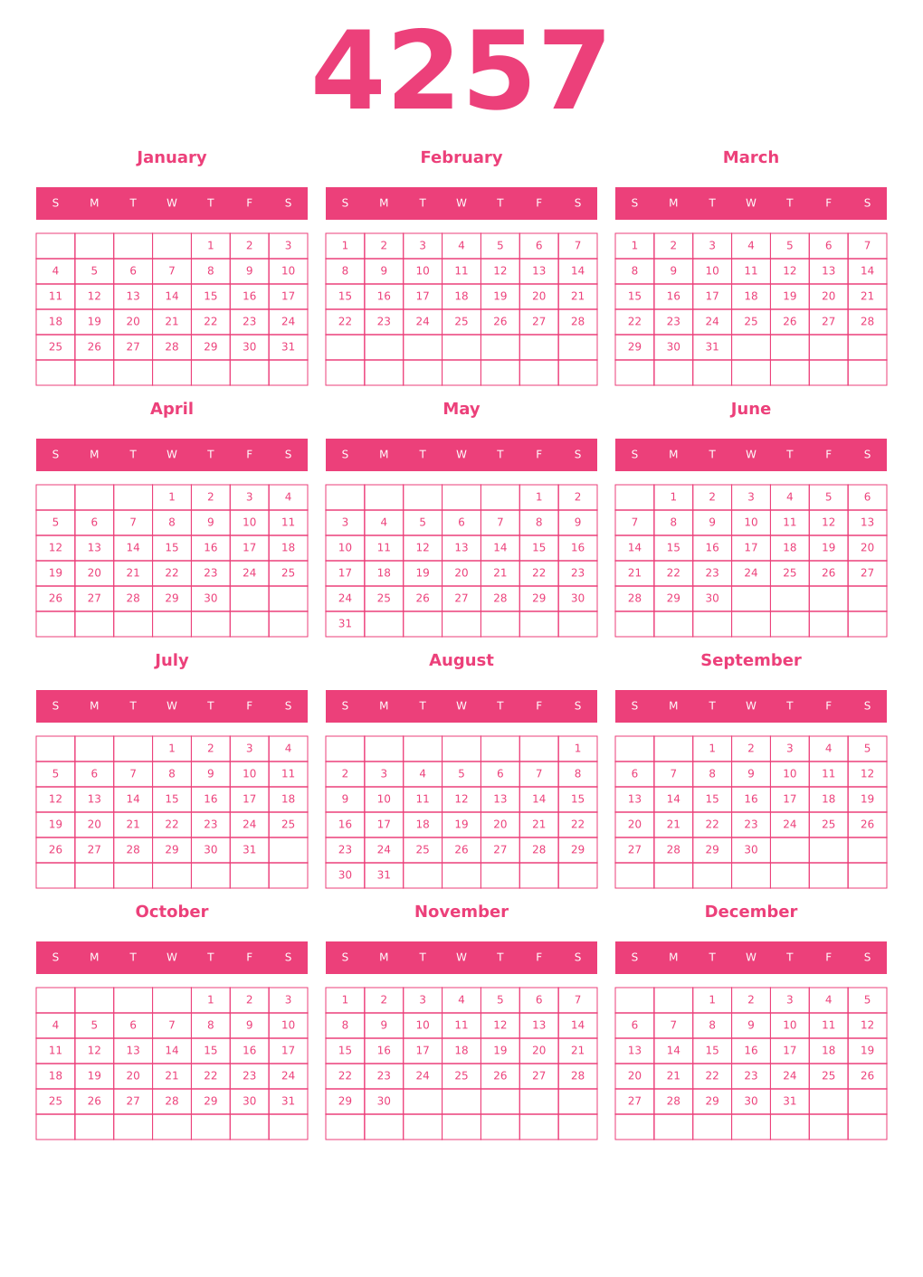 Printable 4257 Year Calendars pink