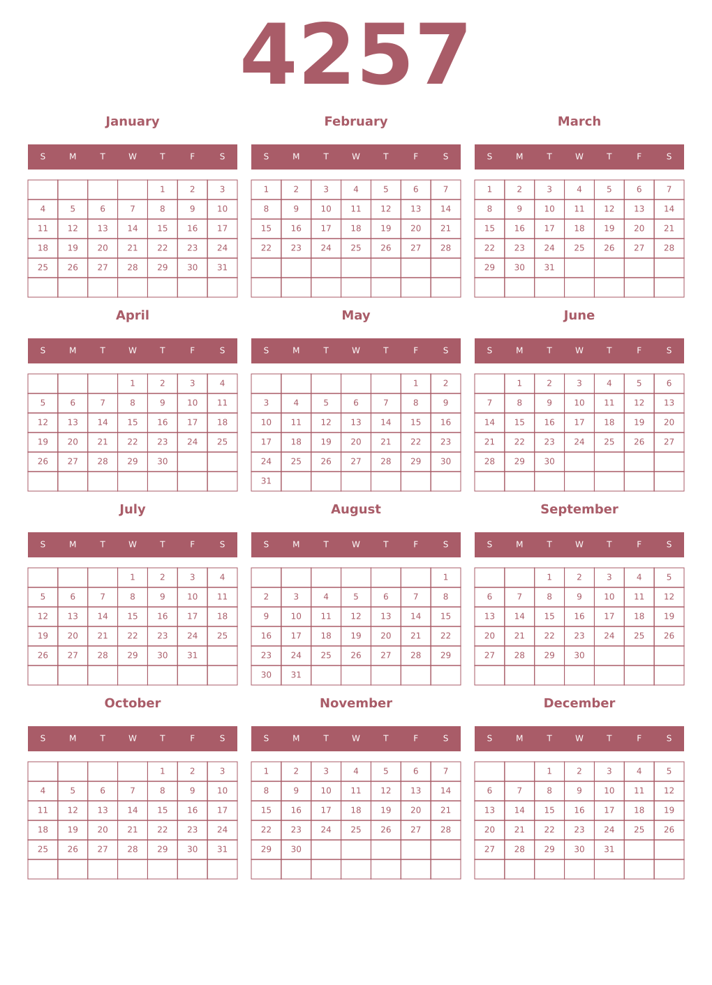 Printable 4257 Year Calendars puce