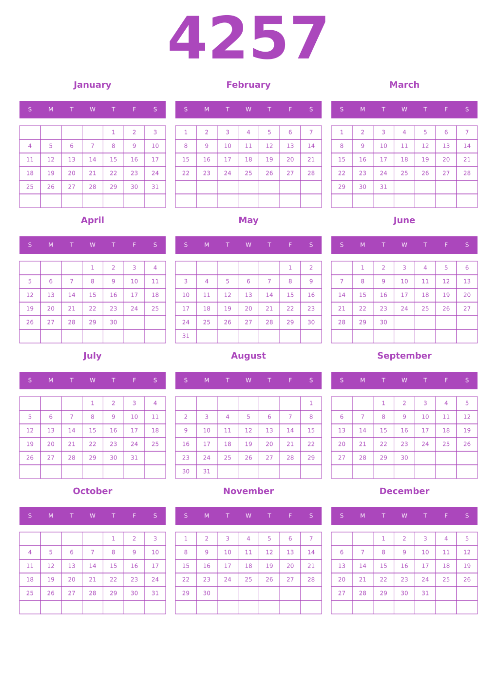 Printable 4257 Year Calendars purple