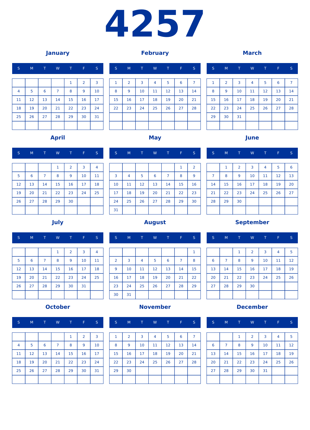 Printable 4257 Year Calendars smalt