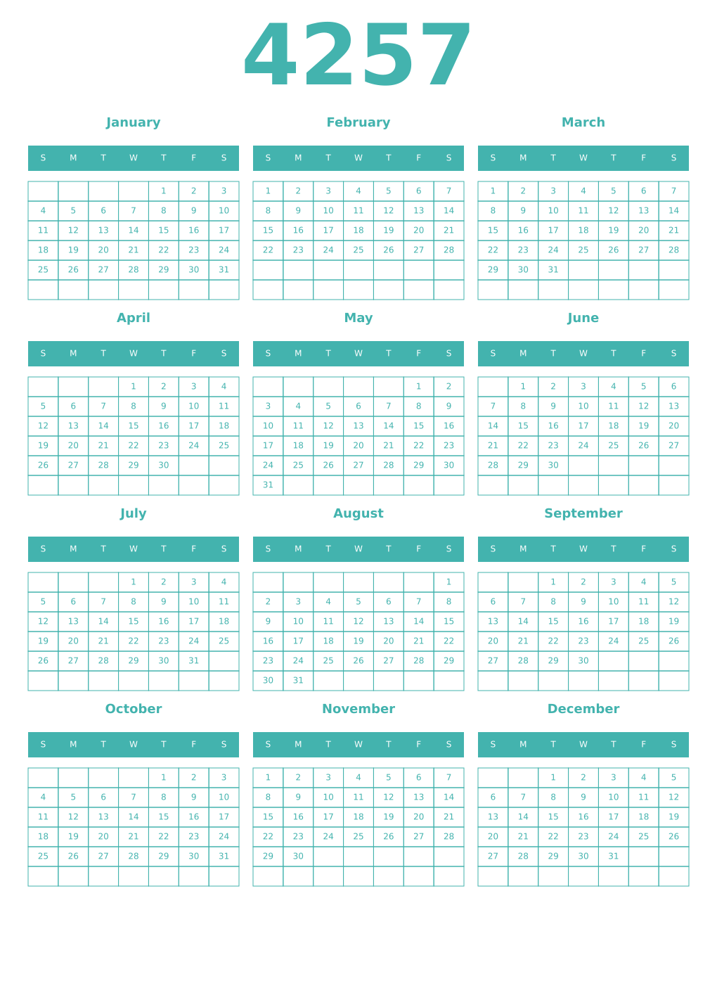 Printable 4257 Year Calendars verdigris