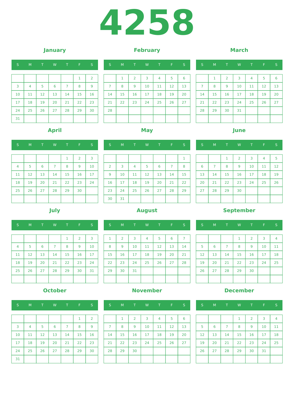 Printable 4258 Year Calendars green