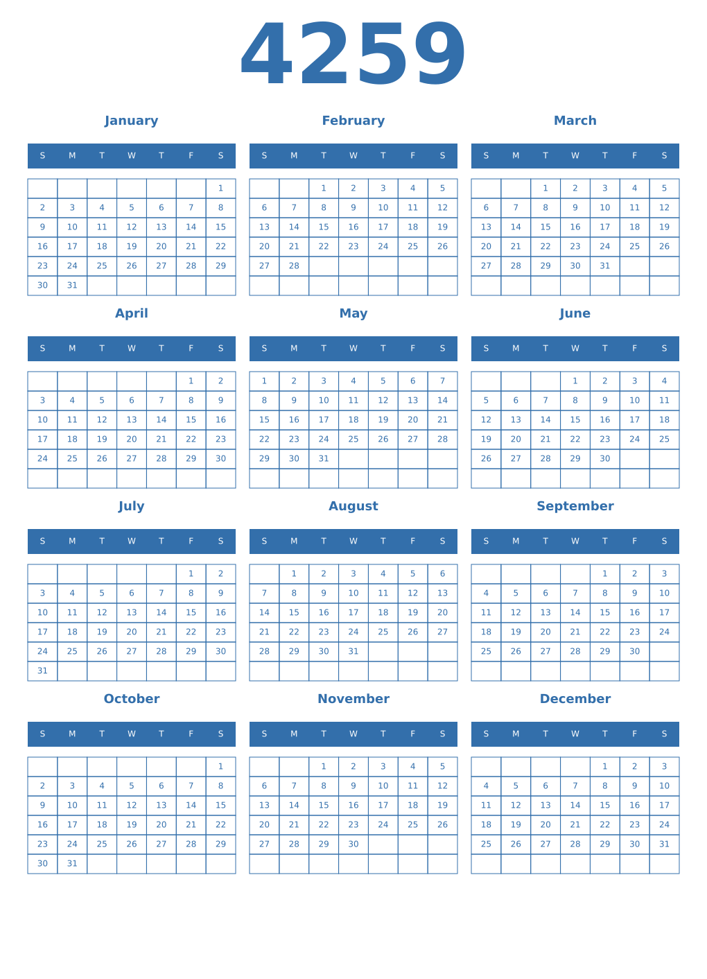 Printable 4259 Year Calendars blue