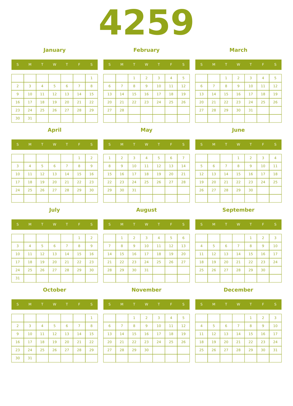 Printable 4259 Year Calendars chartreuse