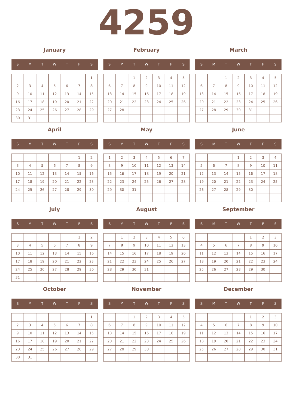 Printable 4259 Year Calendars coffe