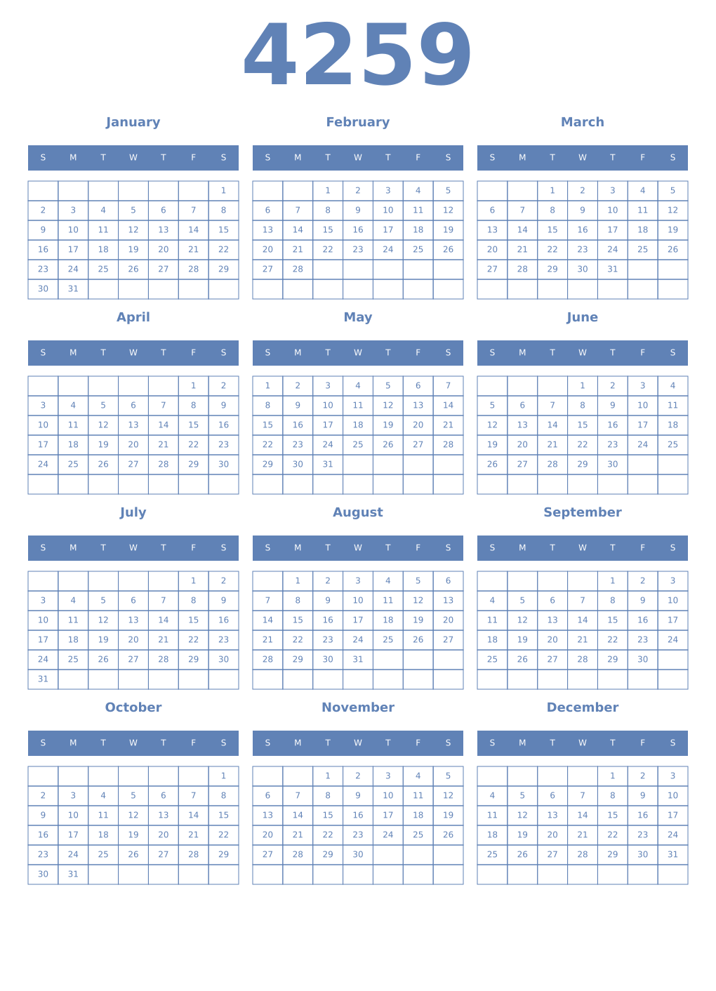 Printable 4259 Year Calendars glaucous