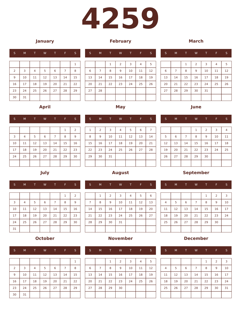 Printable 4259 Year Calendars mortuum