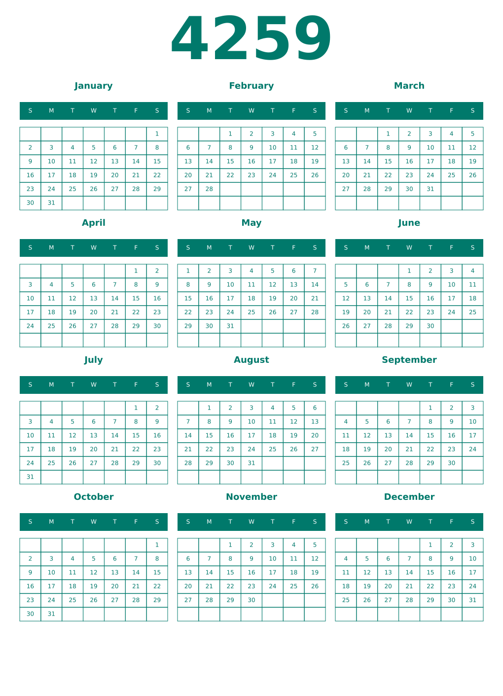Printable 4259 Year Calendars pastel