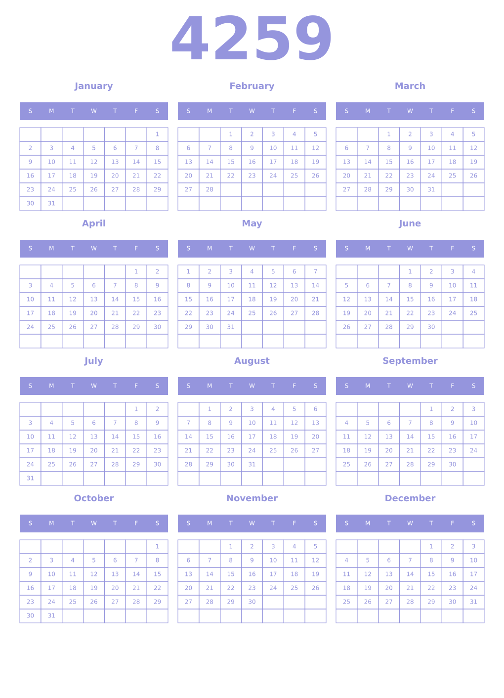 Printable 4259 Year Calendars periwinkle