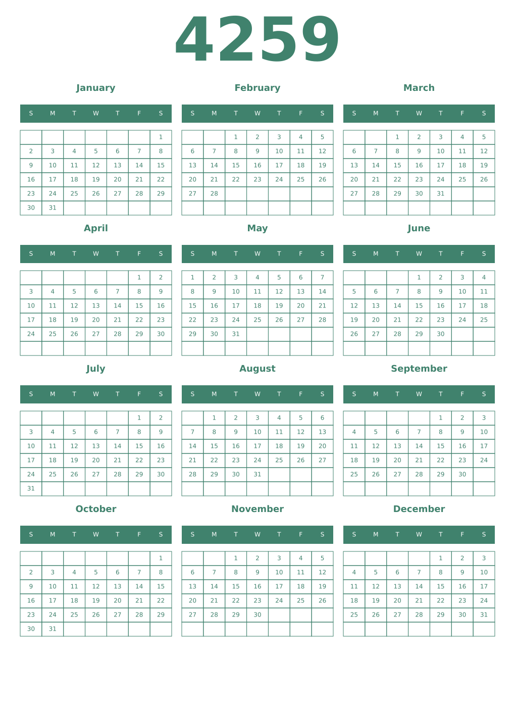 Printable 4259 Year Calendars viridian
