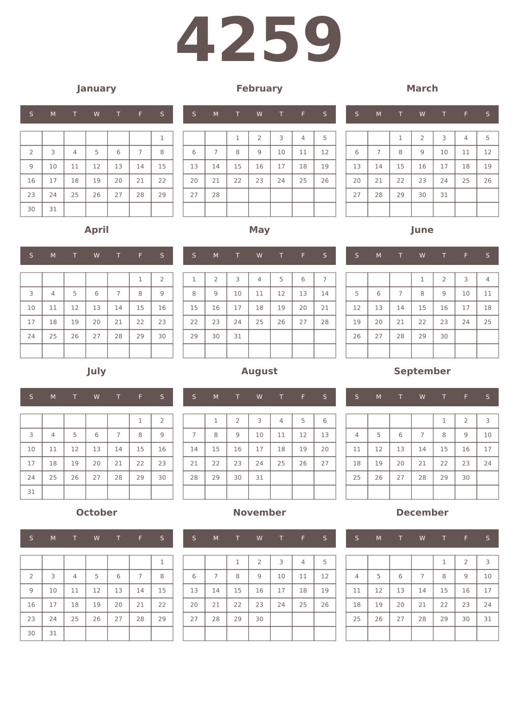 Printable 4259 Year Calendars wenge
