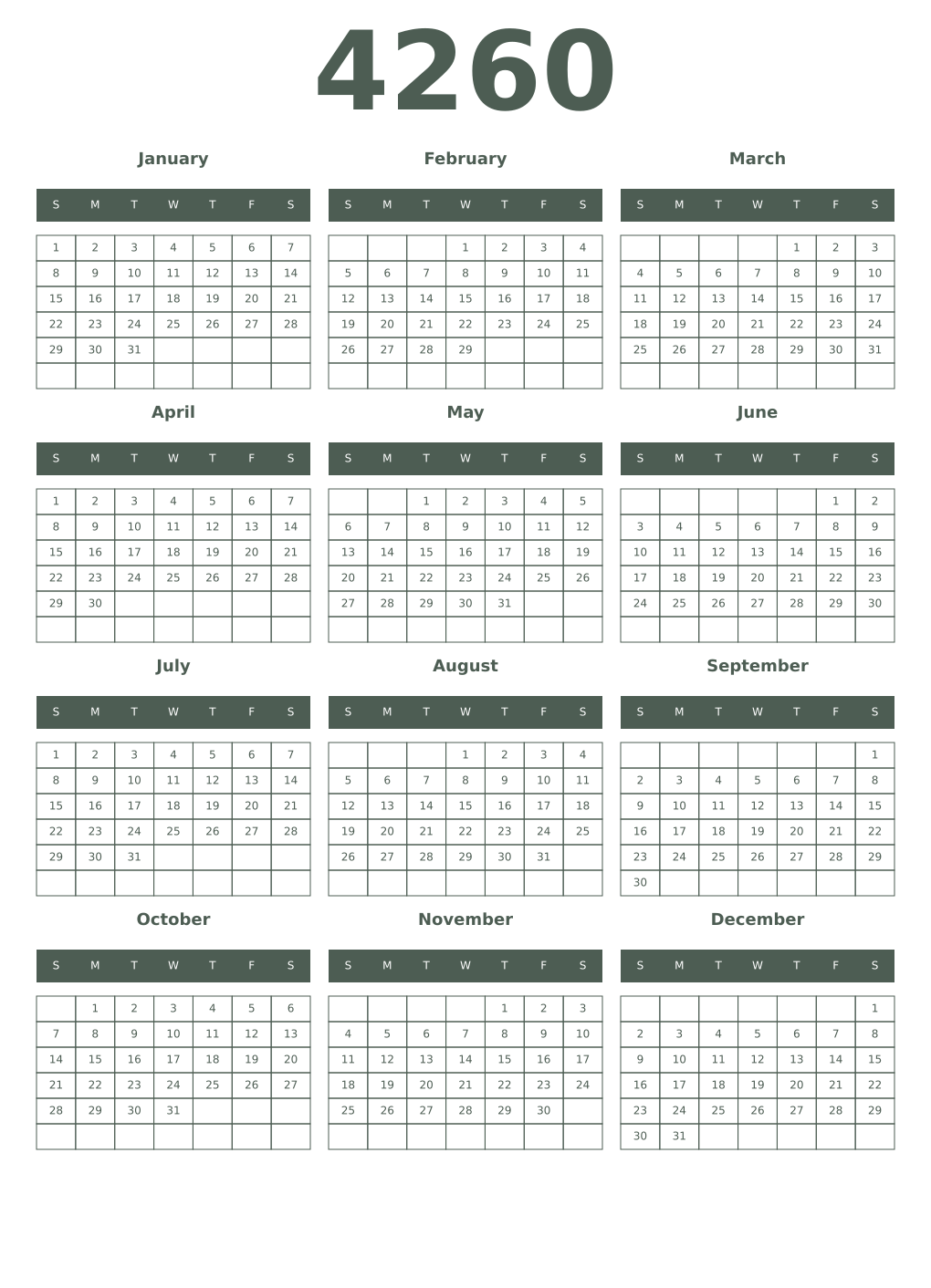 Printable 4260 Year Calendars feldgrau