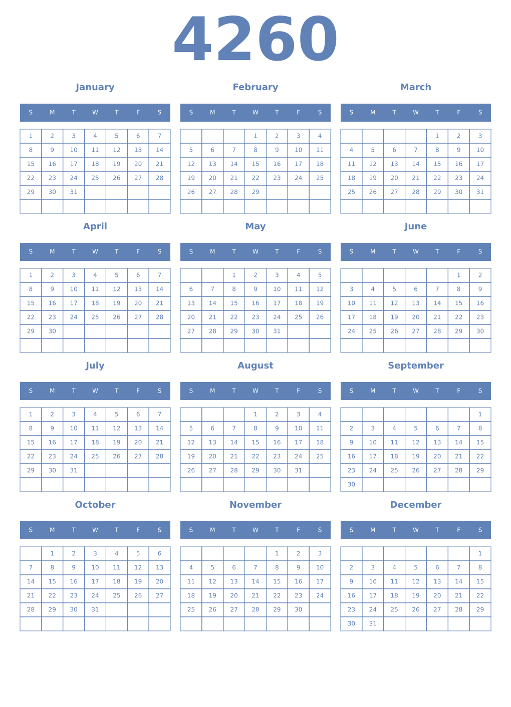Printable 4260 Year Calendars glaucous
