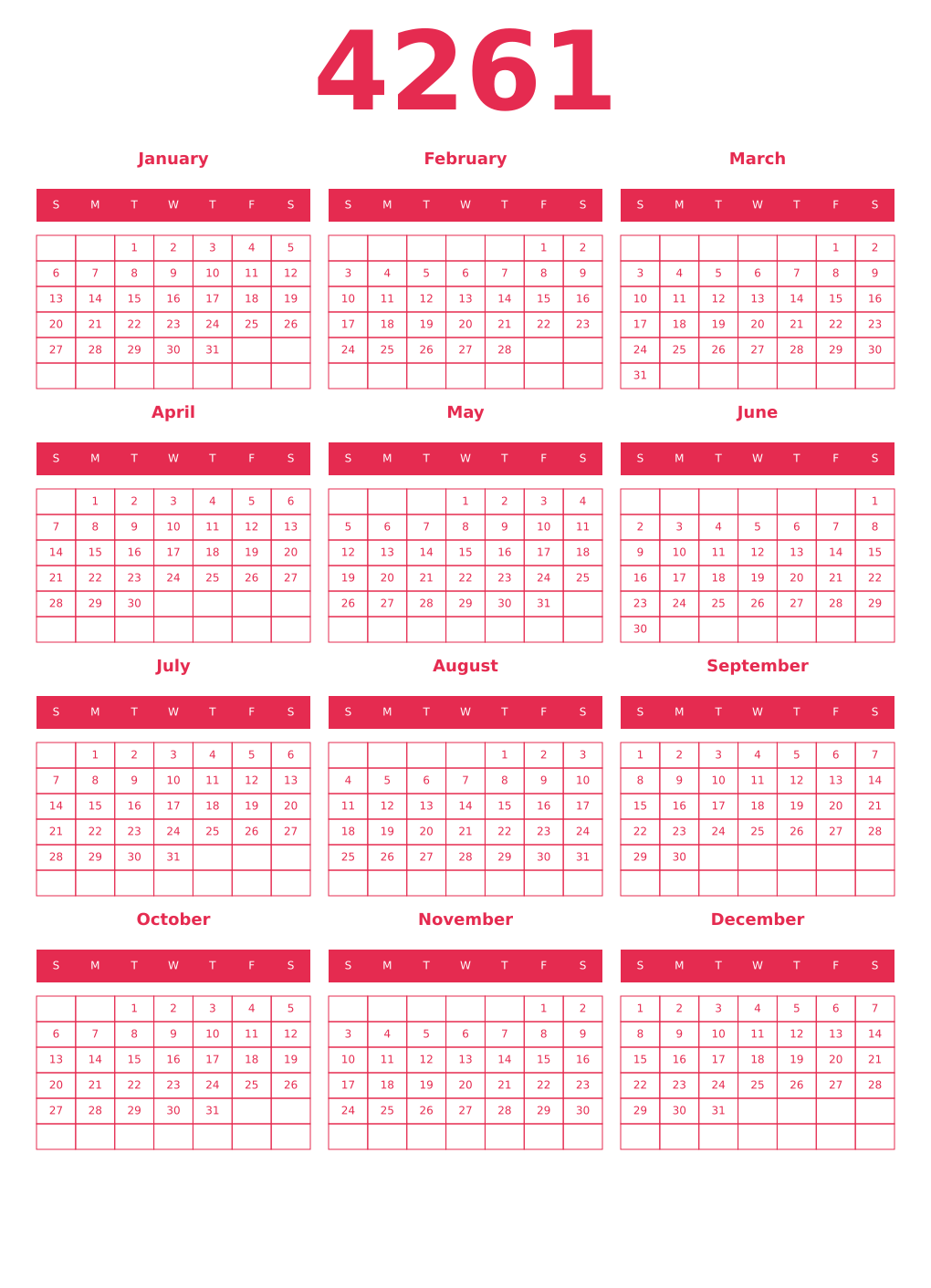 Printable 4261 Year Calendars amaranth
