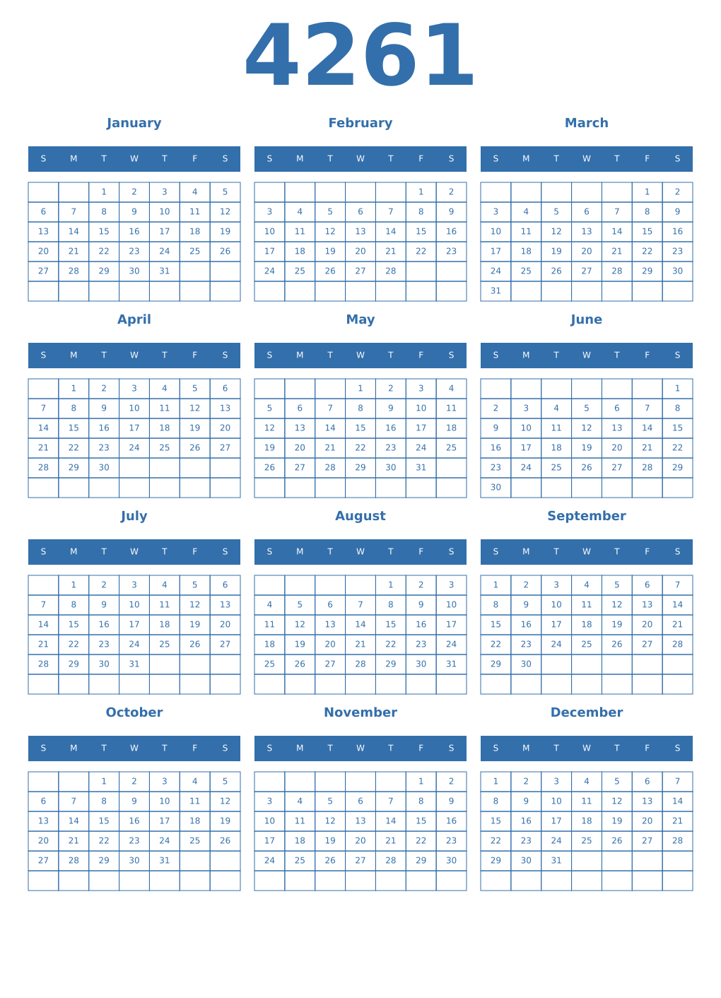 Printable 4261 Year Calendars blue