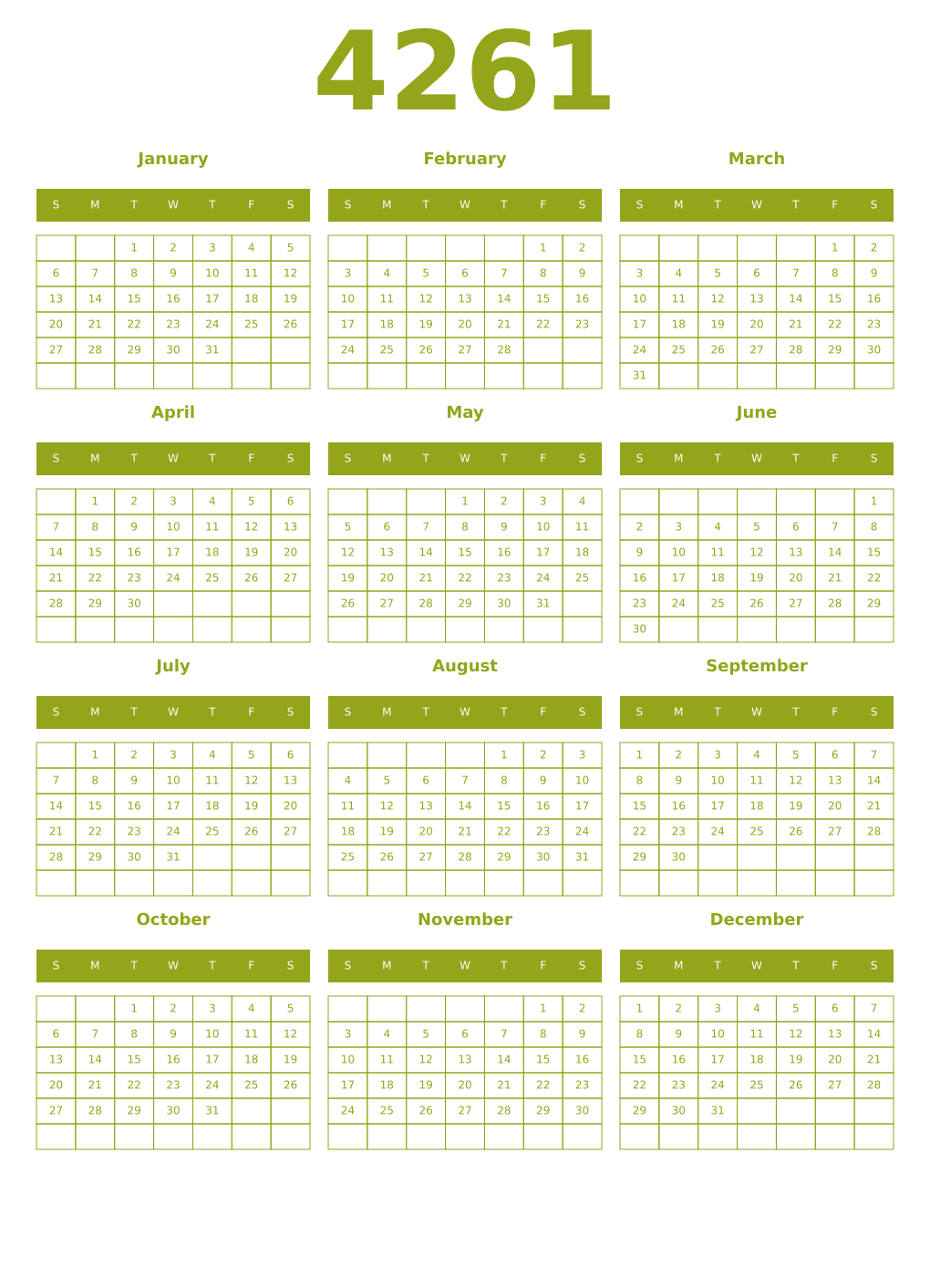 Printable 4261 Year Calendars chartreuse