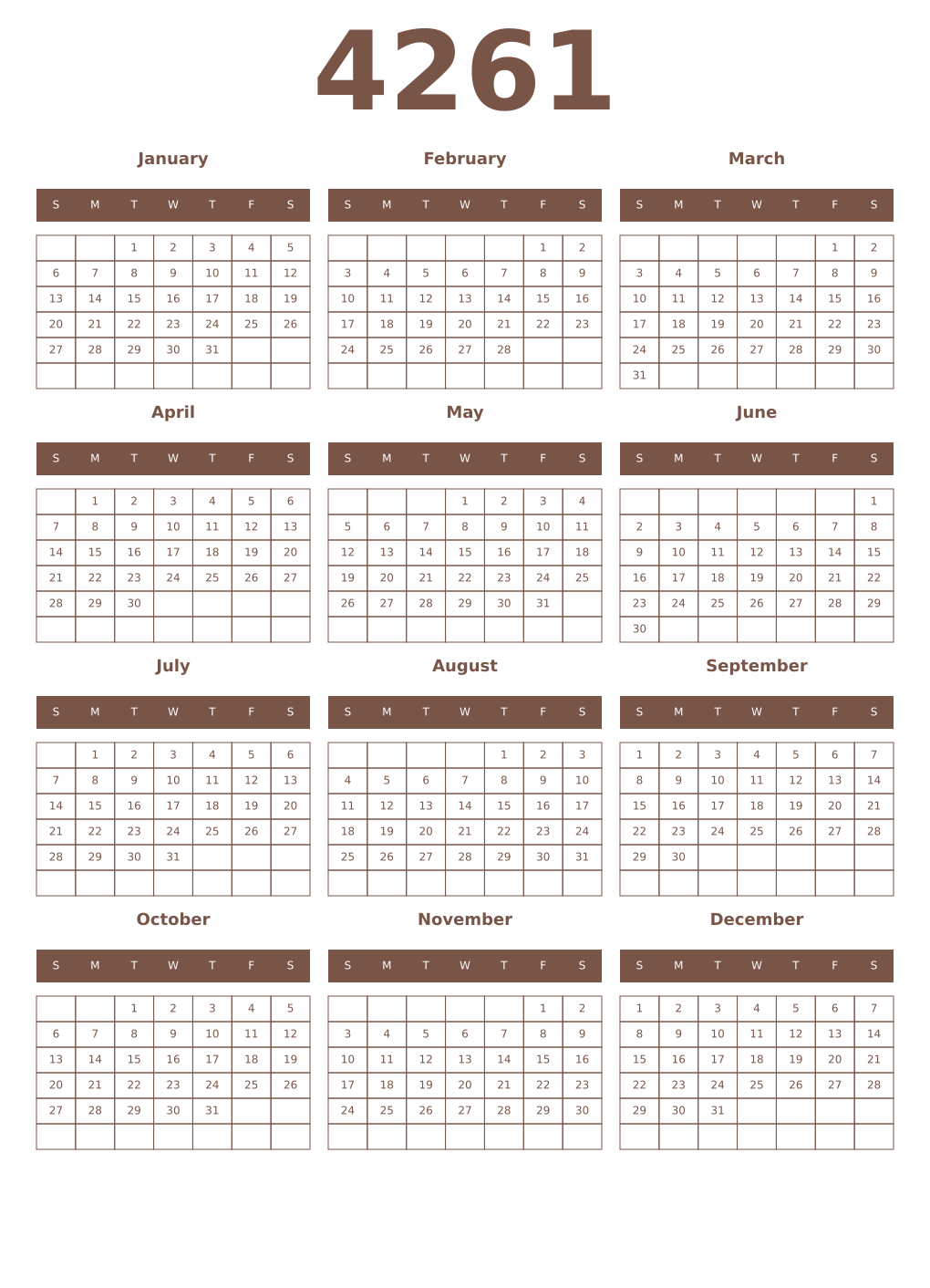 Printable 4261 Year Calendars coffe