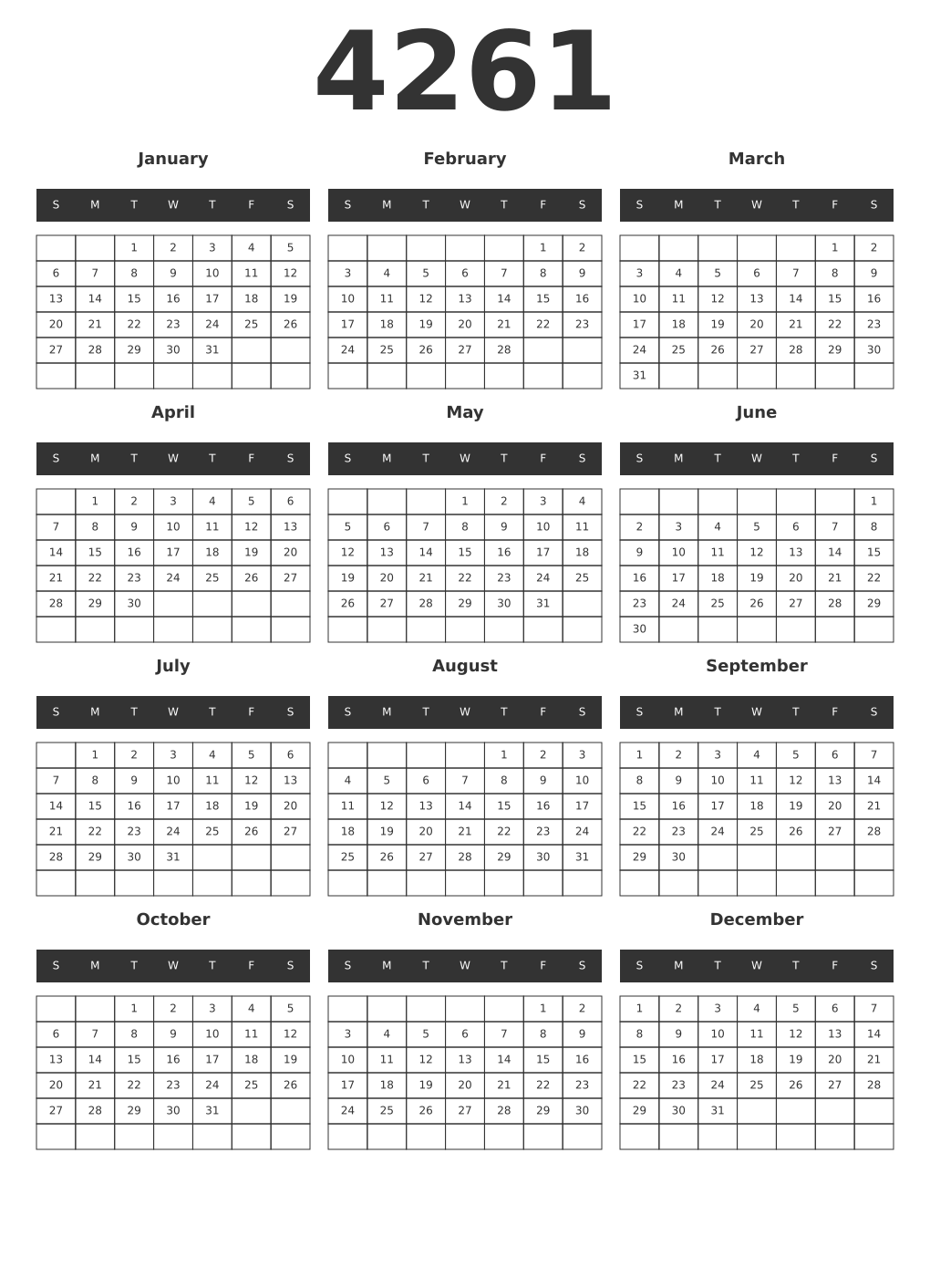 Printable 4261 Year Calendars dark