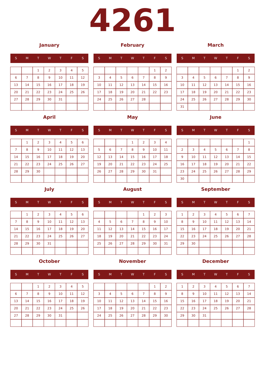 Printable 4261 Year Calendars falu