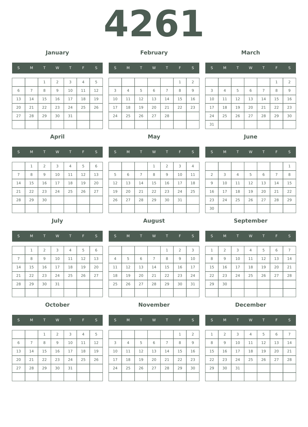 Printable 4261 Year Calendars feldgrau
