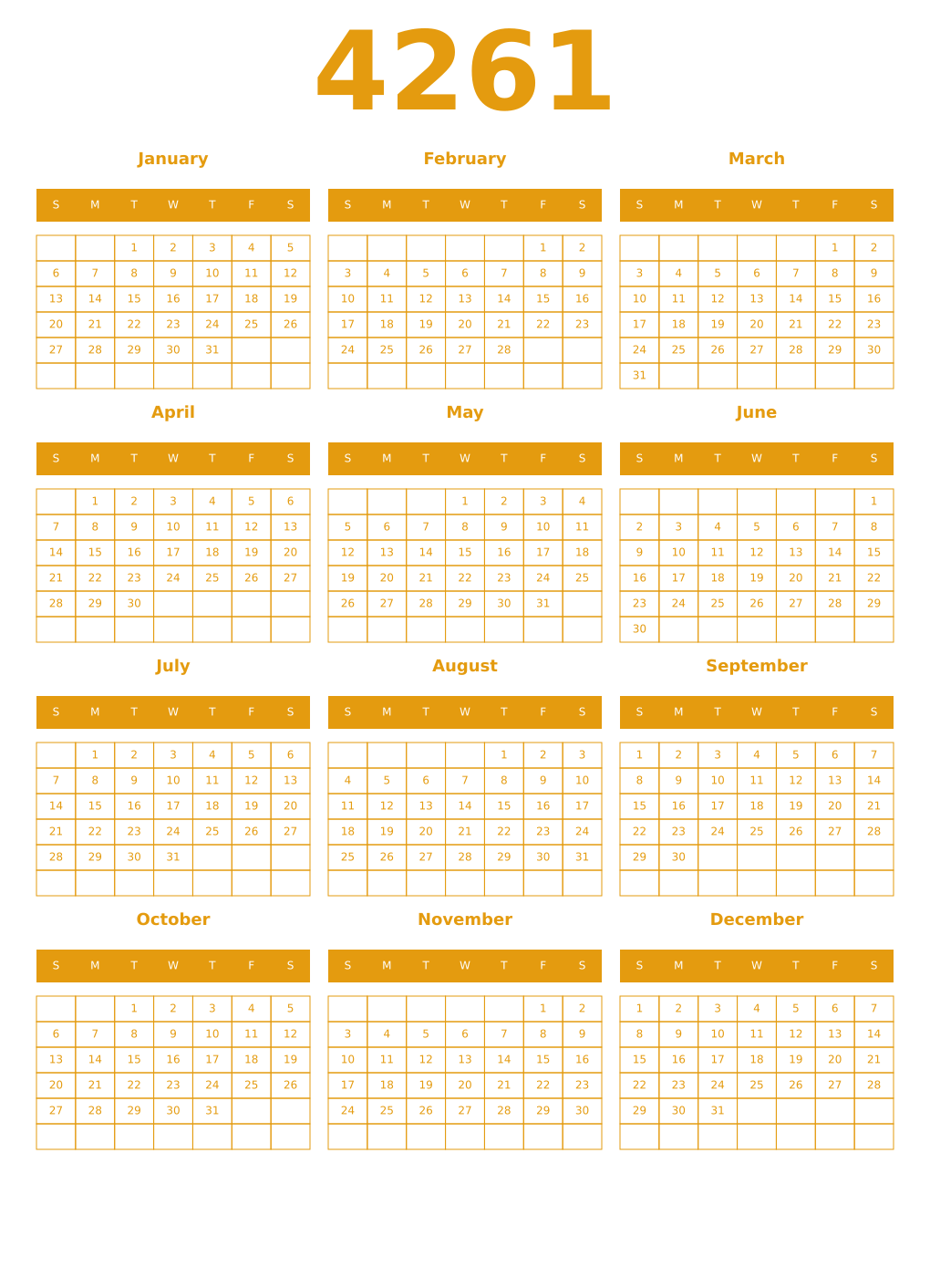 Printable 4261 Year Calendars gamboge