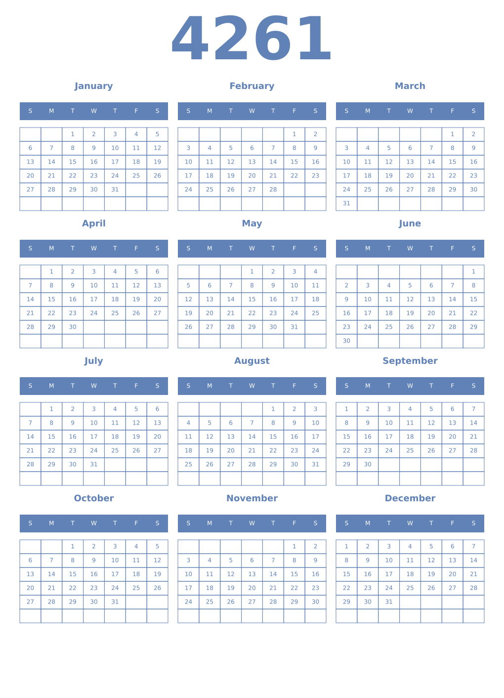 Printable 4261 Year Calendars glaucous