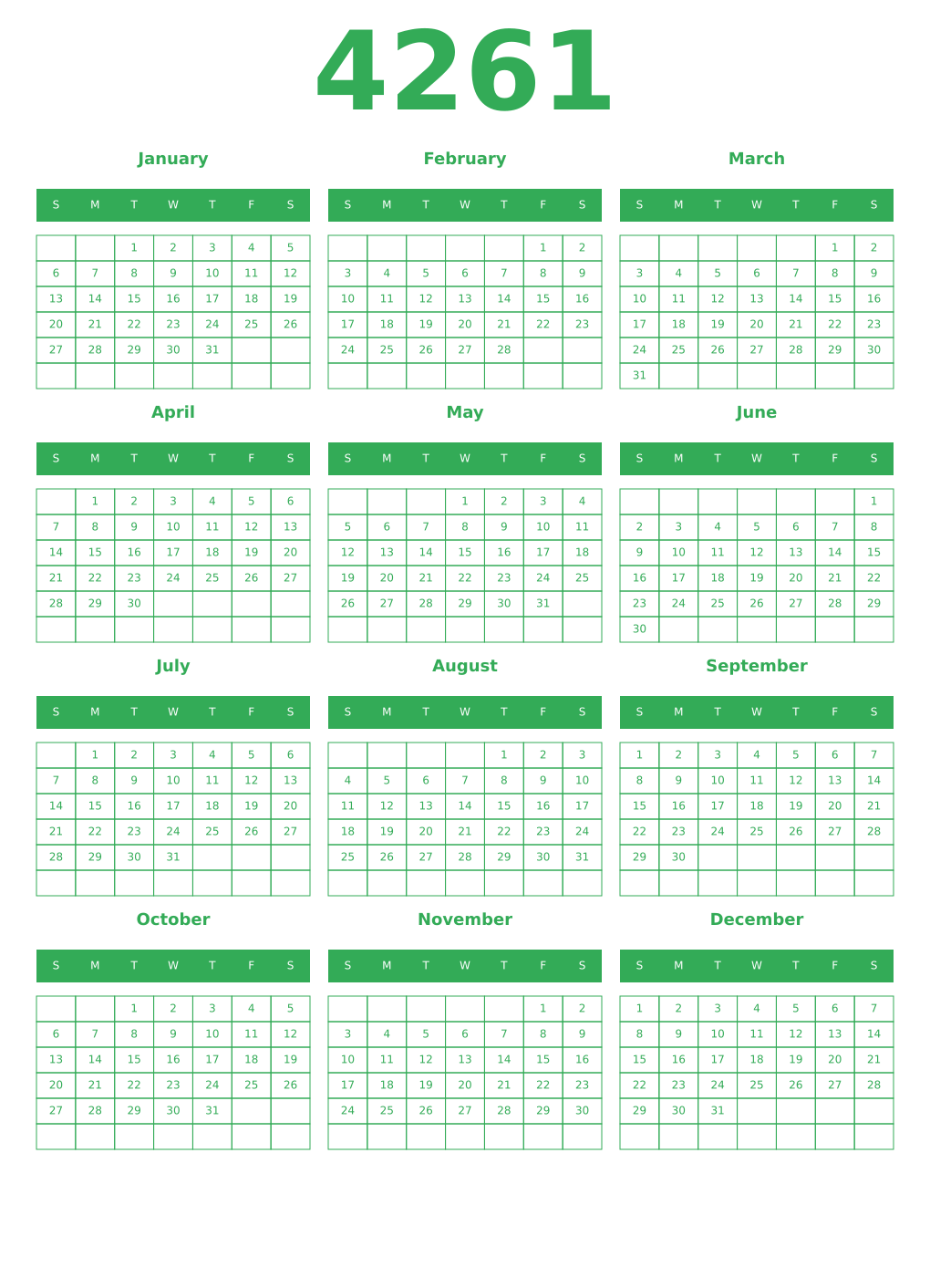 Printable 4261 Year Calendars green