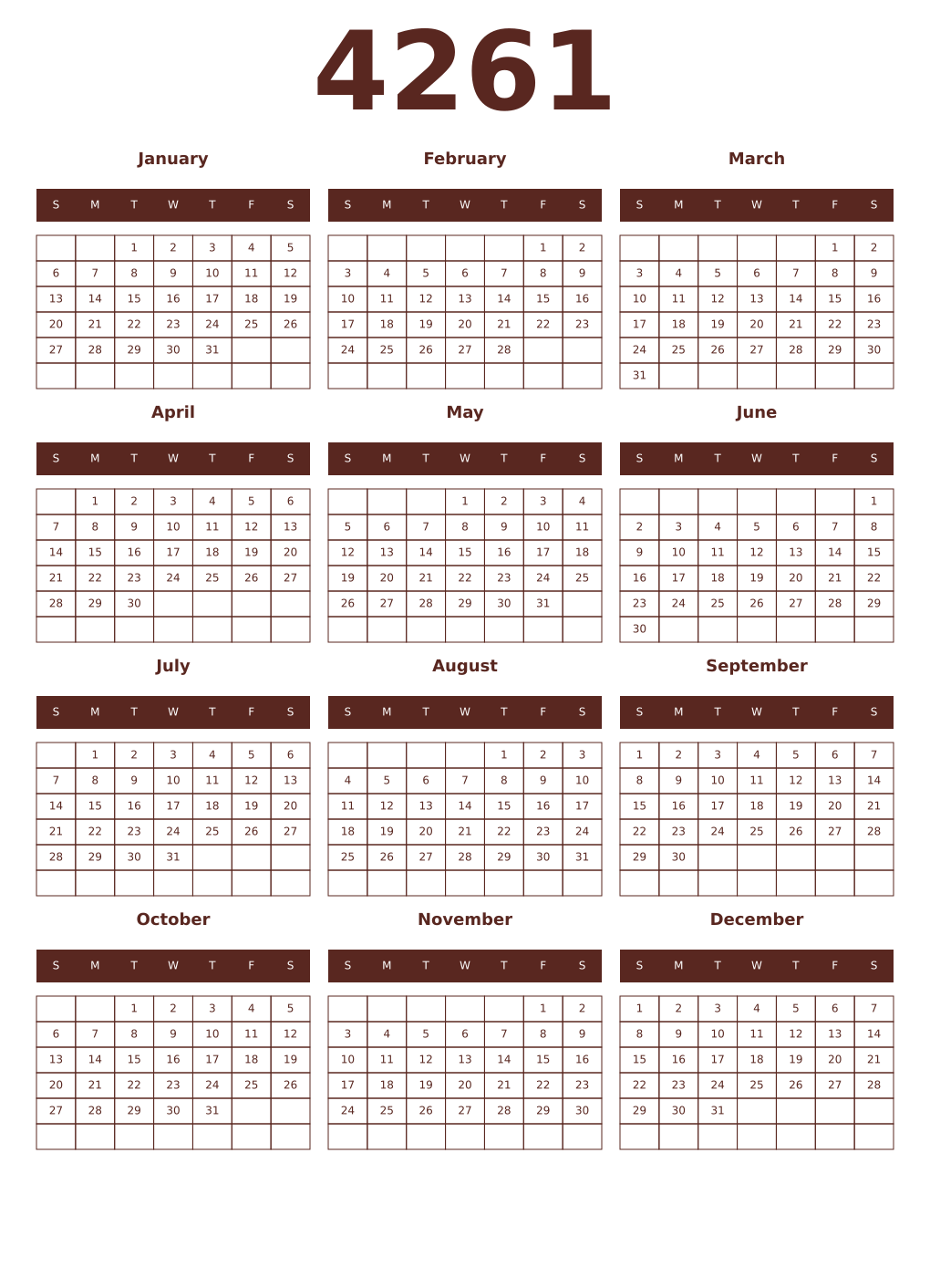 Printable 4261 Year Calendars mortuum