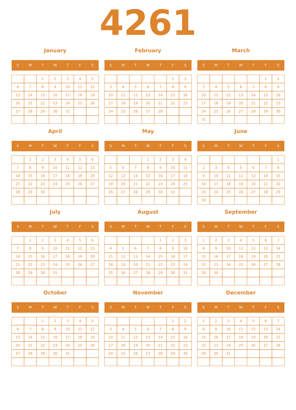 Printable 4261 Year Calendars orange
