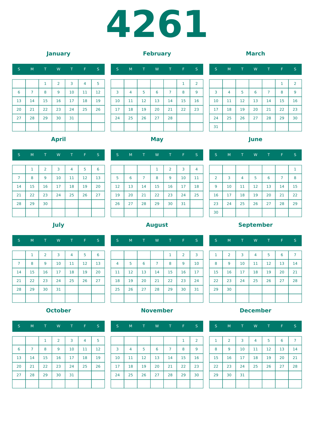 Printable 4261 Year Calendars pastel