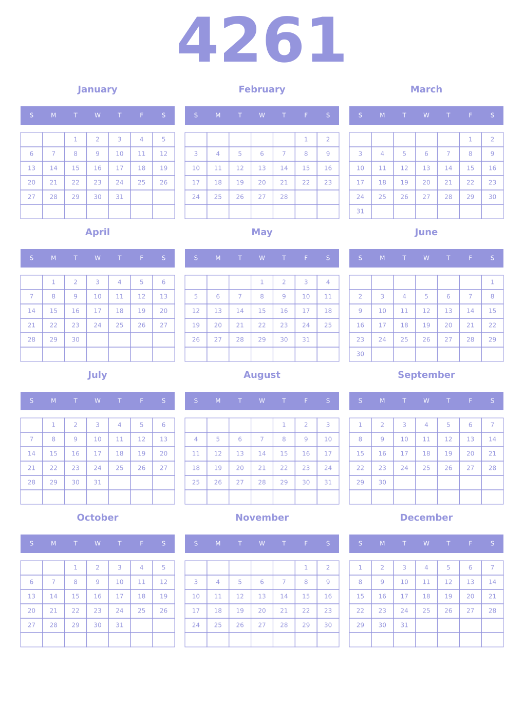 Printable 4261 Year Calendars periwinkle