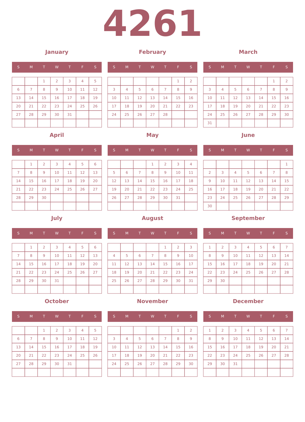 Printable 4261 Year Calendars puce