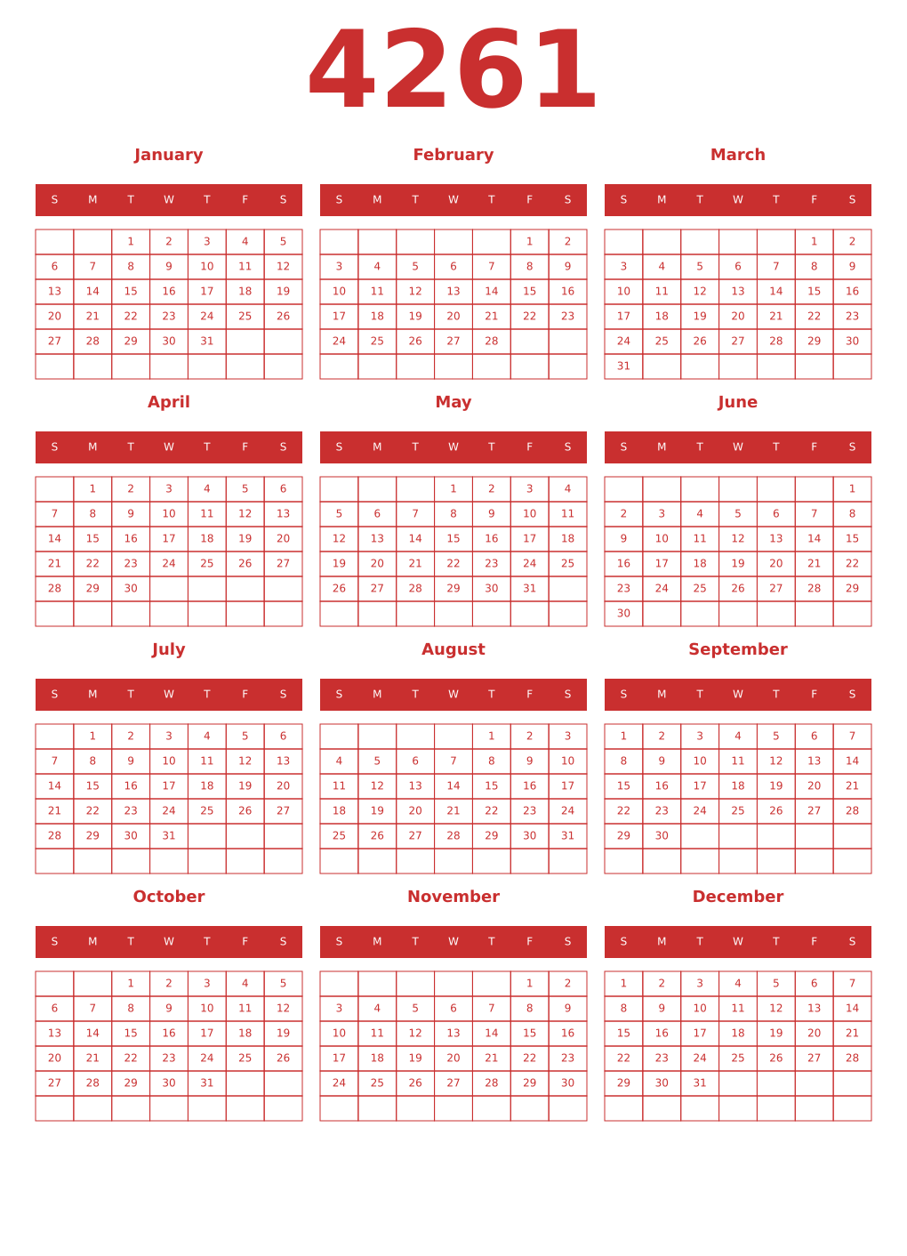 Printable 4261 Year Calendars red