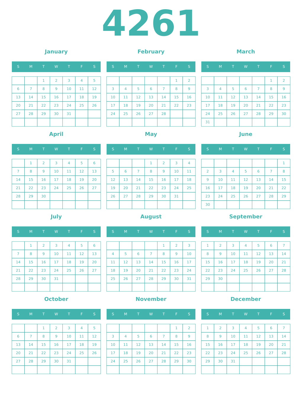 Printable 4261 Year Calendars verdigris