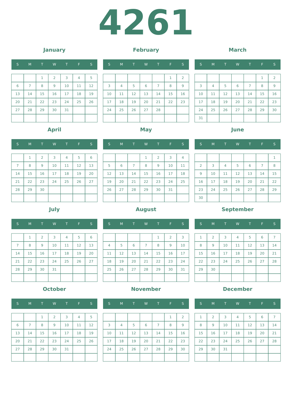 Printable 4261 Year Calendars viridian