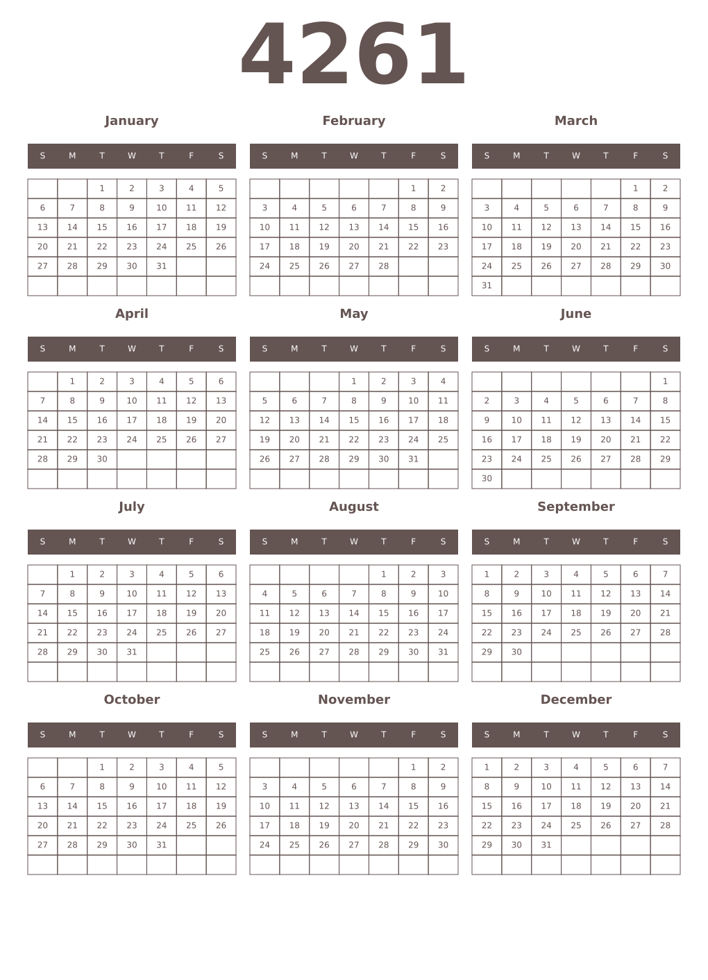 Printable 4261 Year Calendars wenge