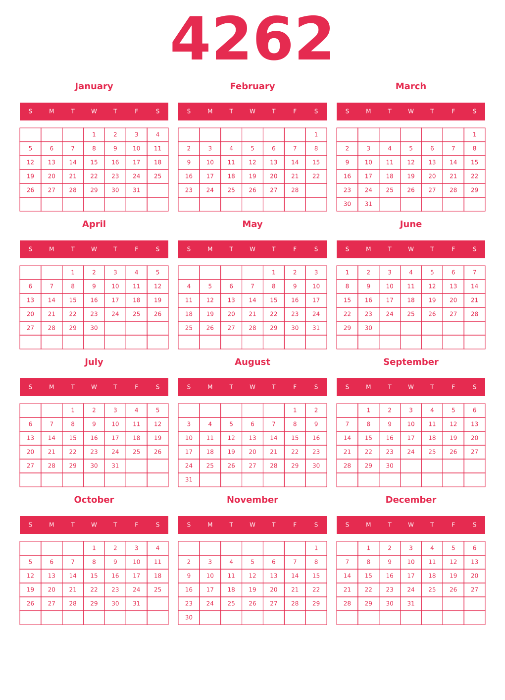 Printable 4262 Year Calendars amaranth