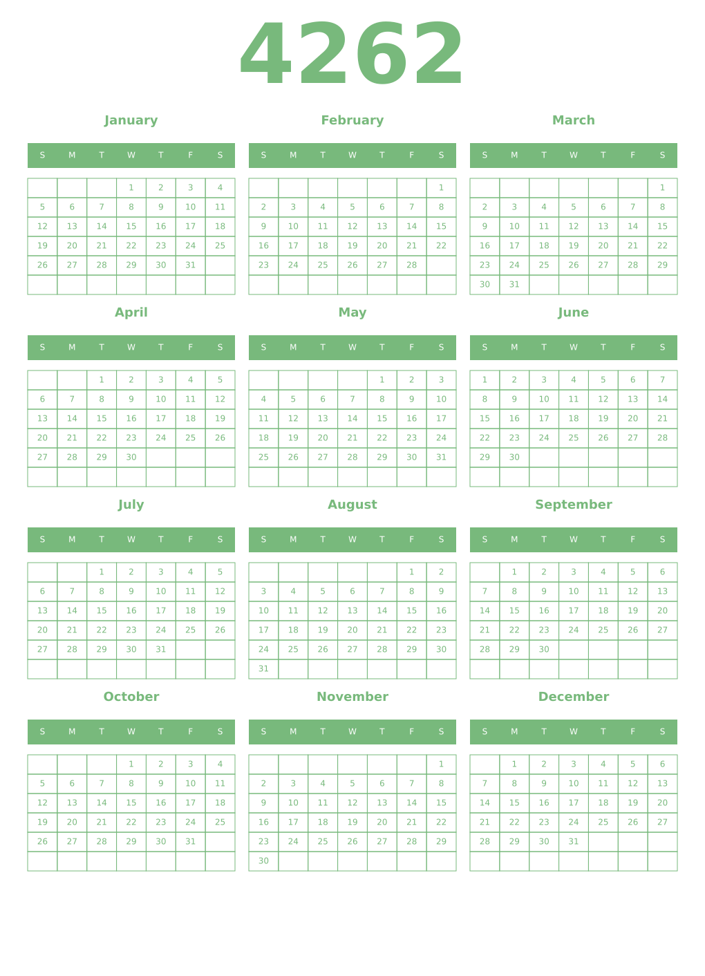 Printable 4262 Year Calendars celadon