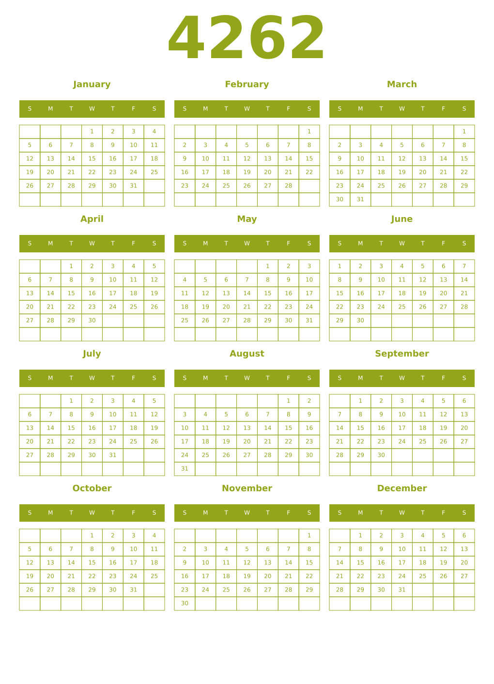 Printable 4262 Year Calendars chartreuse