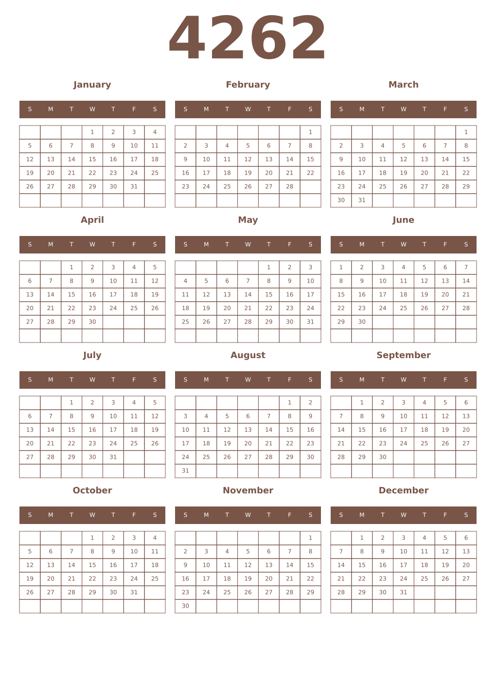 Printable 4262 Year Calendars coffe