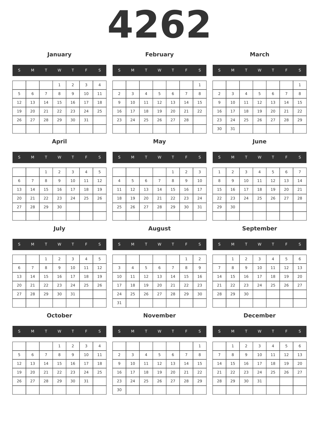 Printable 4262 Year Calendars dark
