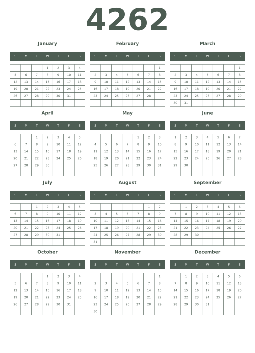 Printable 4262 Year Calendars feldgrau