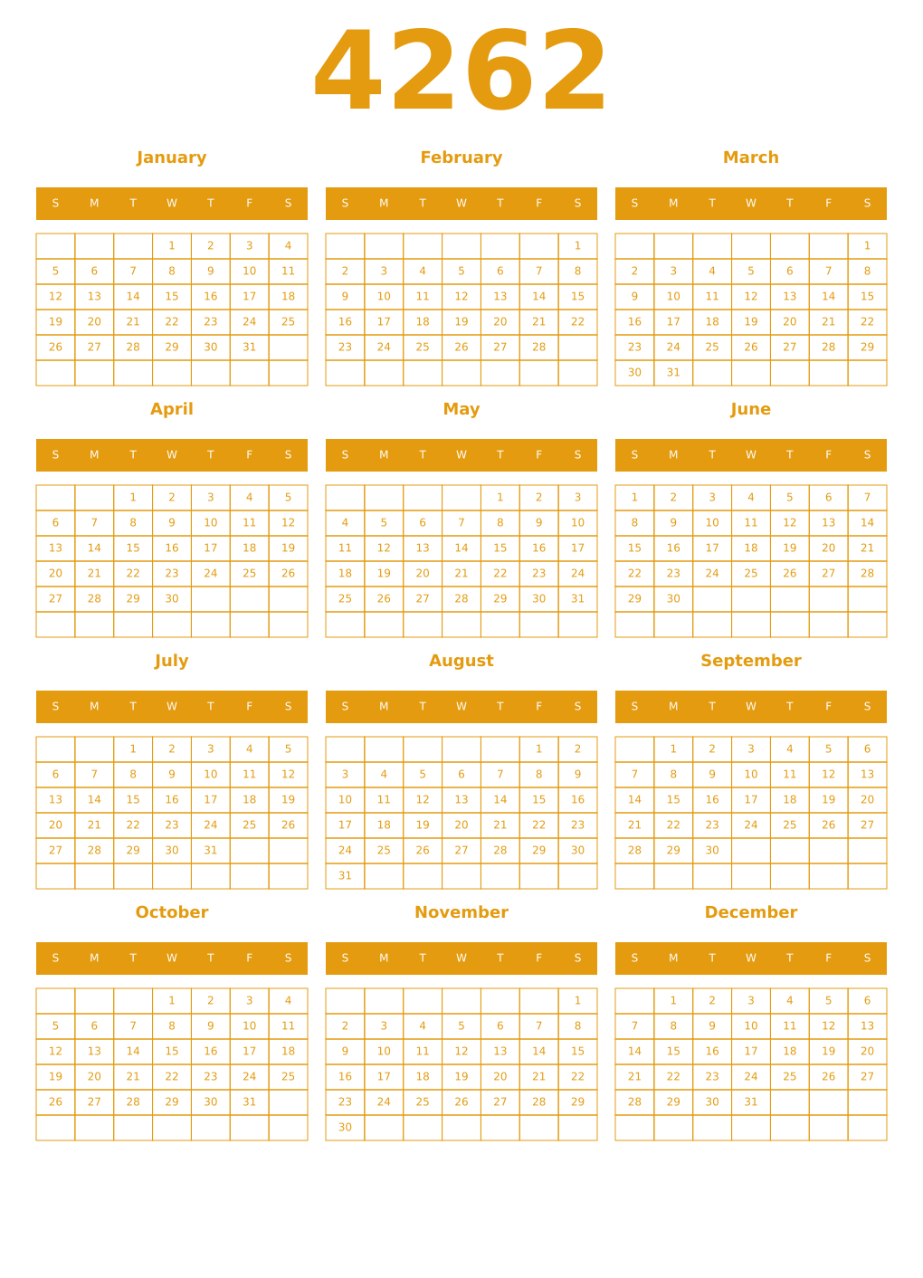 Printable 4262 Year Calendars gamboge
