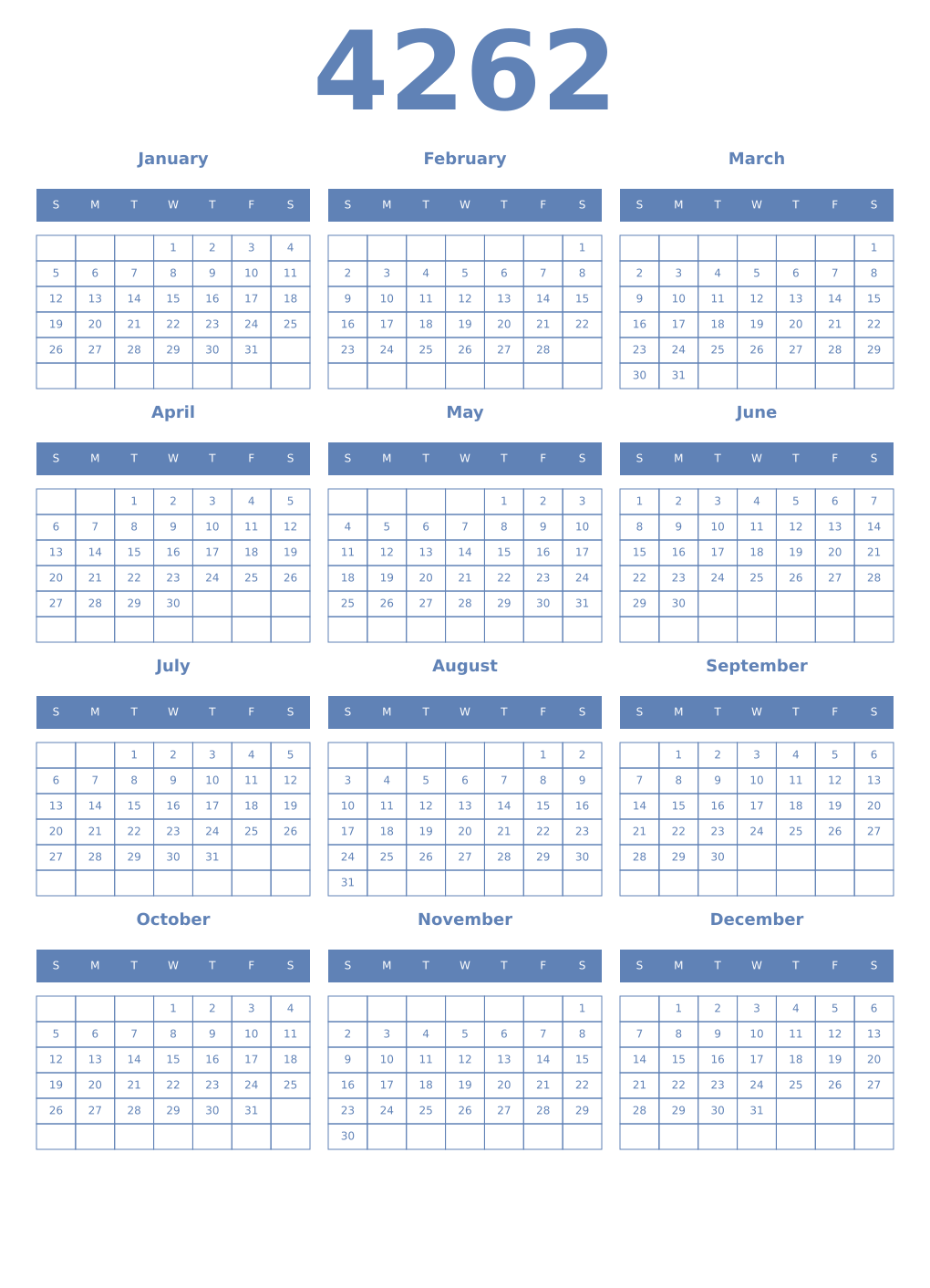 Printable 4262 Year Calendars glaucous