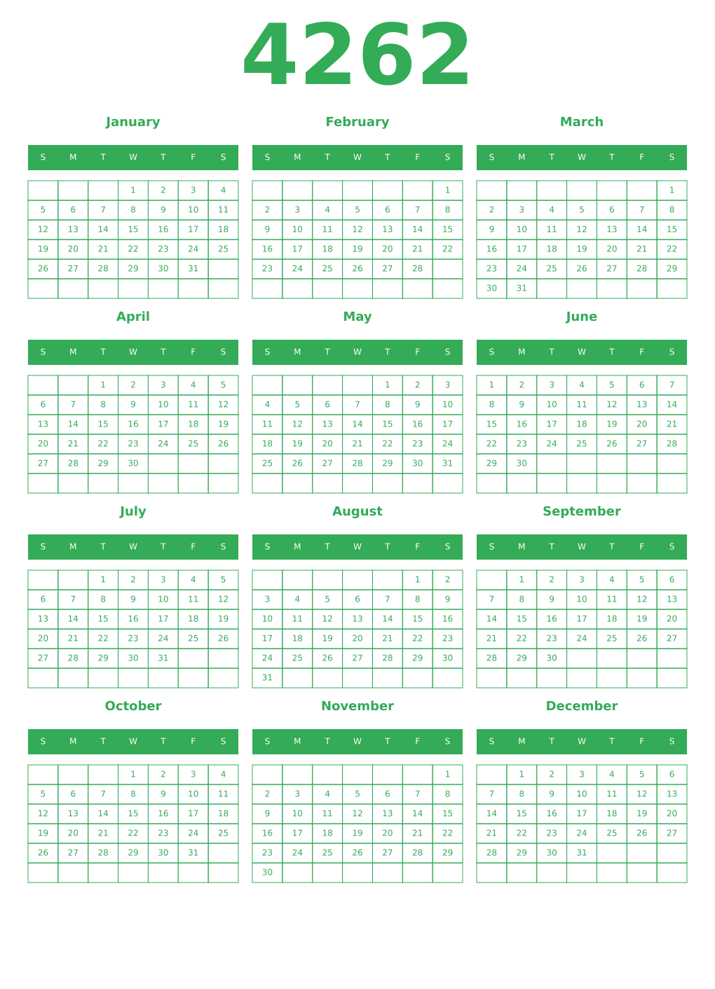 Printable 4262 Year Calendars green