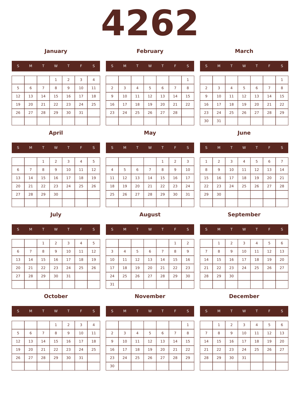 Printable 4262 Year Calendars mortuum