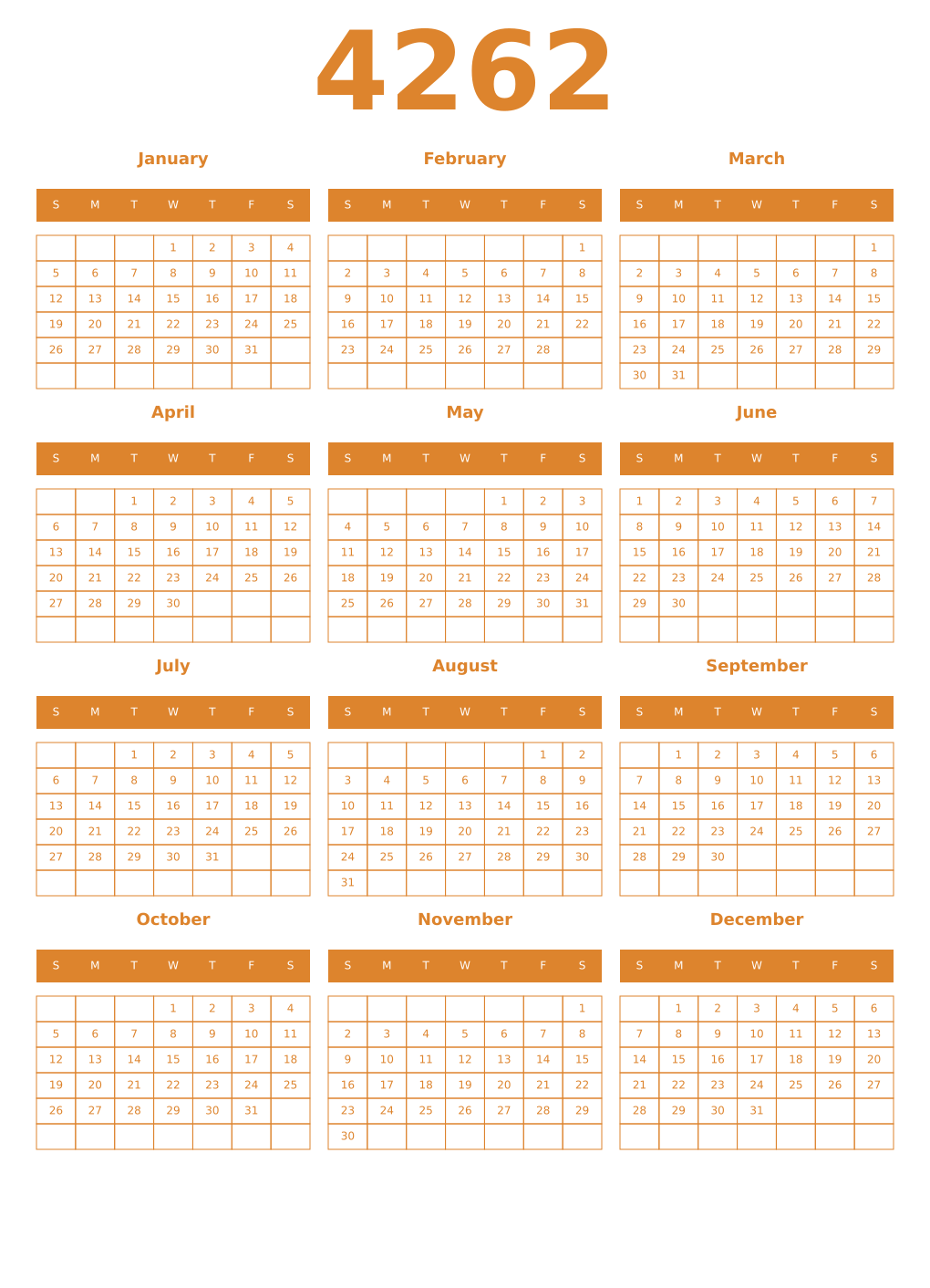 Printable 4262 Year Calendars orange